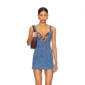 MAJORELLE Blue Denim Mini Dress with Floral Bust